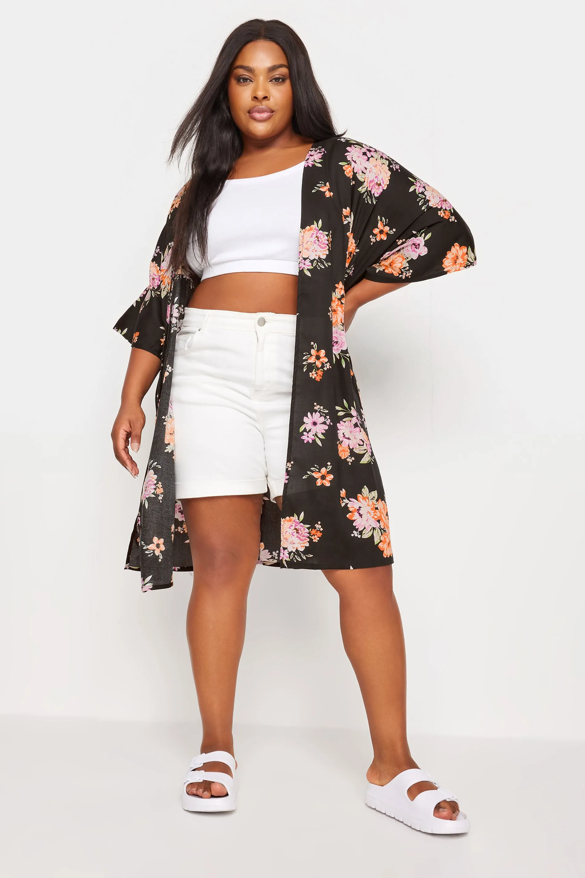 YOURS Curve Black Floral Print Longline Kimono