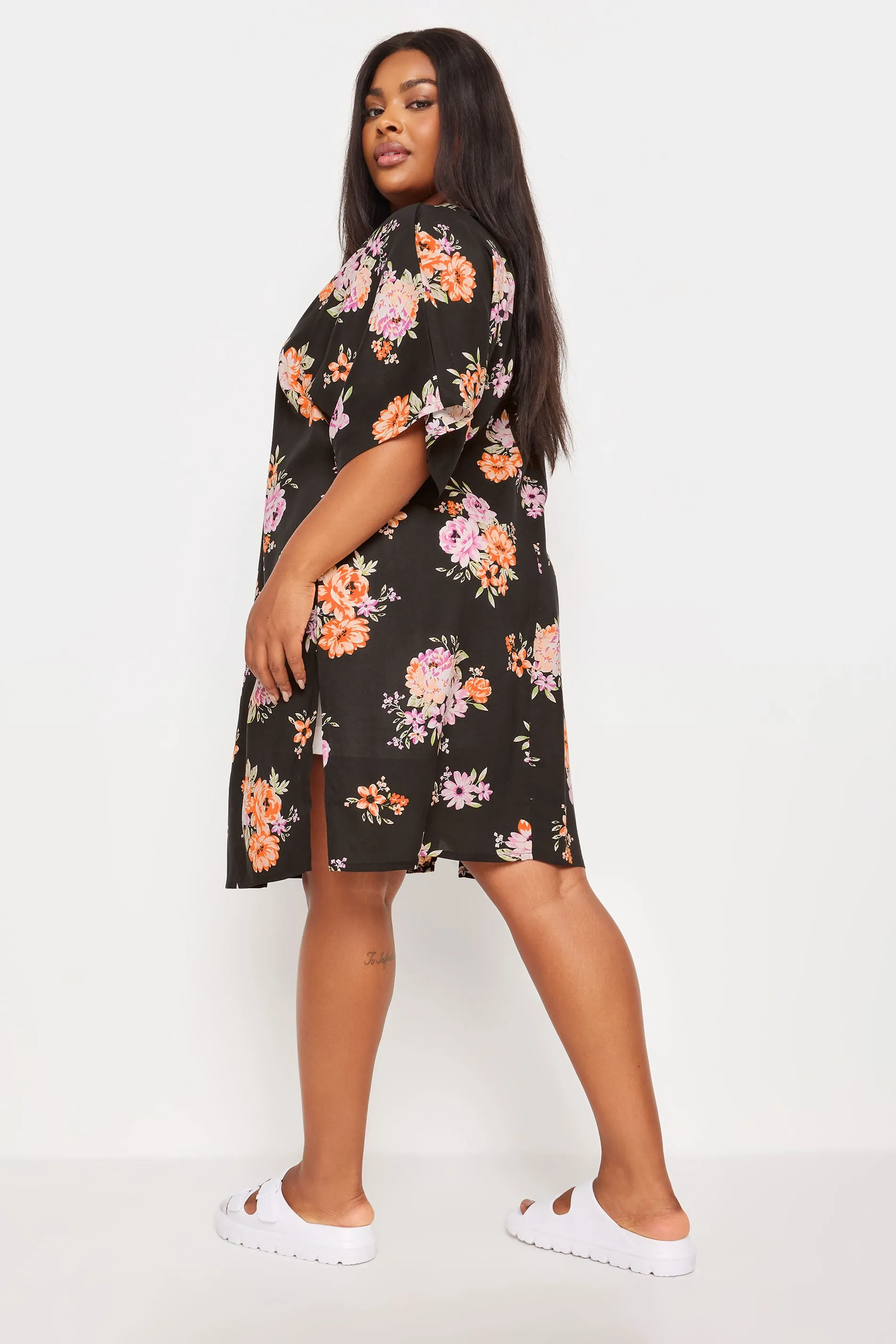 YOURS Curve Black Floral Print Longline Kimono