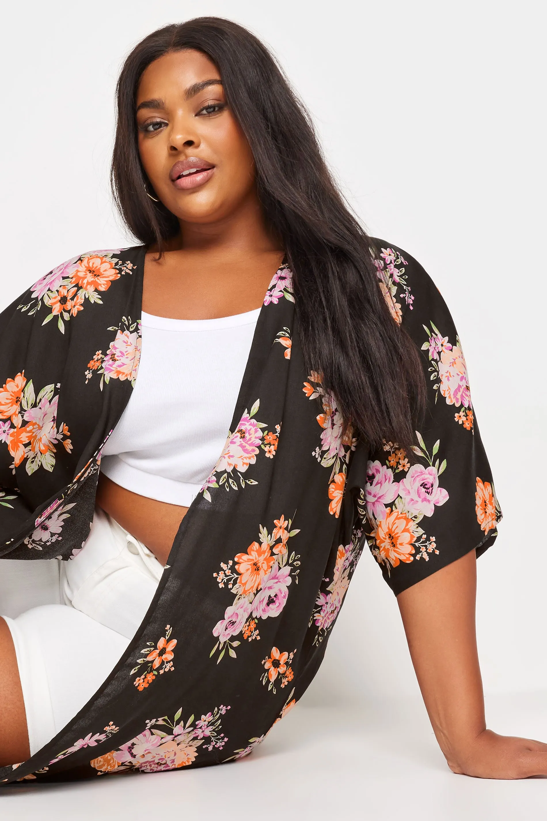 YOURS Curve Black Floral Print Longline Kimono