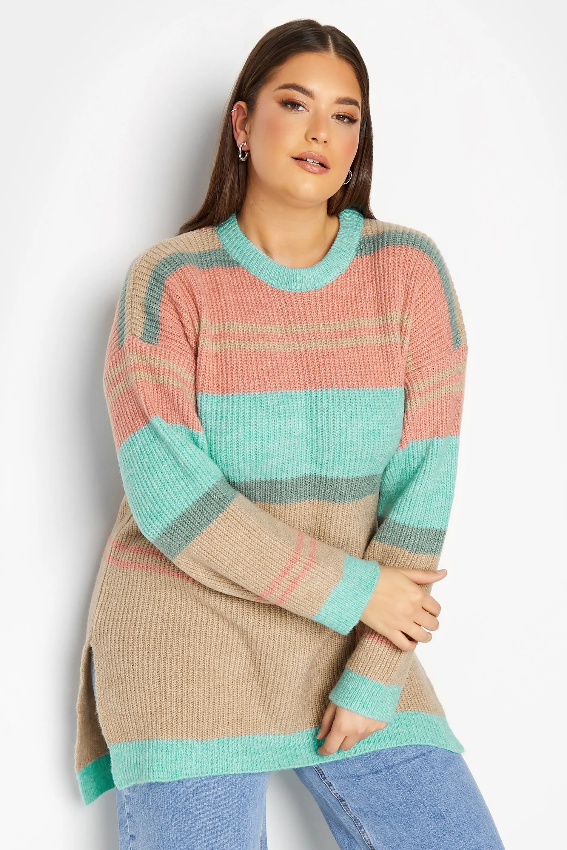 YOURS LUXURY Curve Beige Brown Stripe Longline Jumper