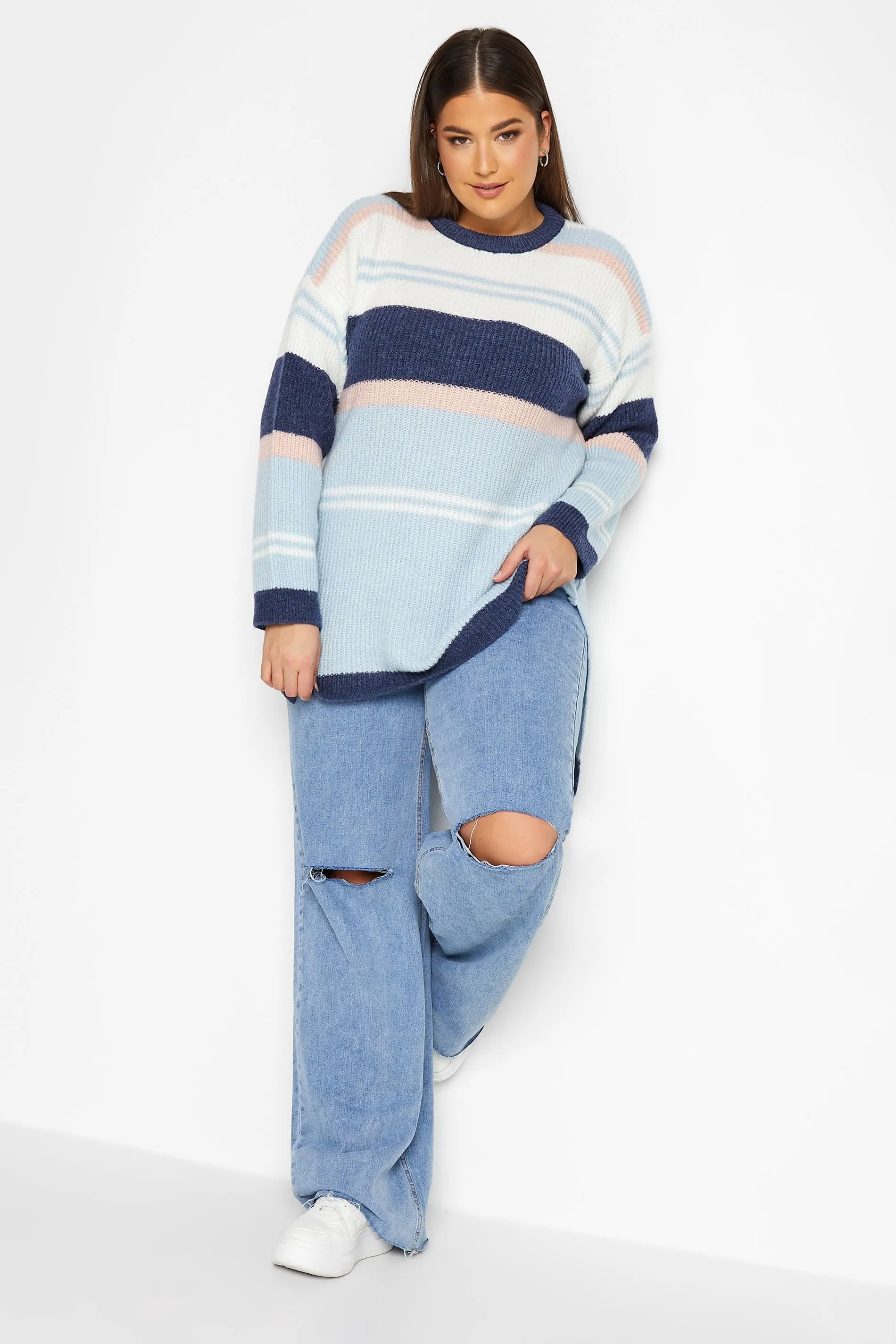 YOURS LUXURY Curve Blue Stripe Longline Jumper